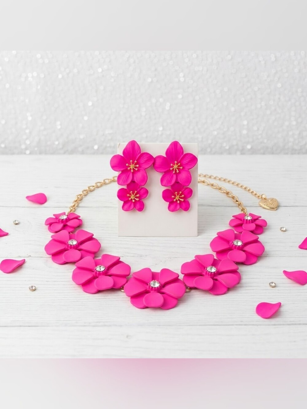 Hot Pink Crystal Pearl Necklace And Earrings Set